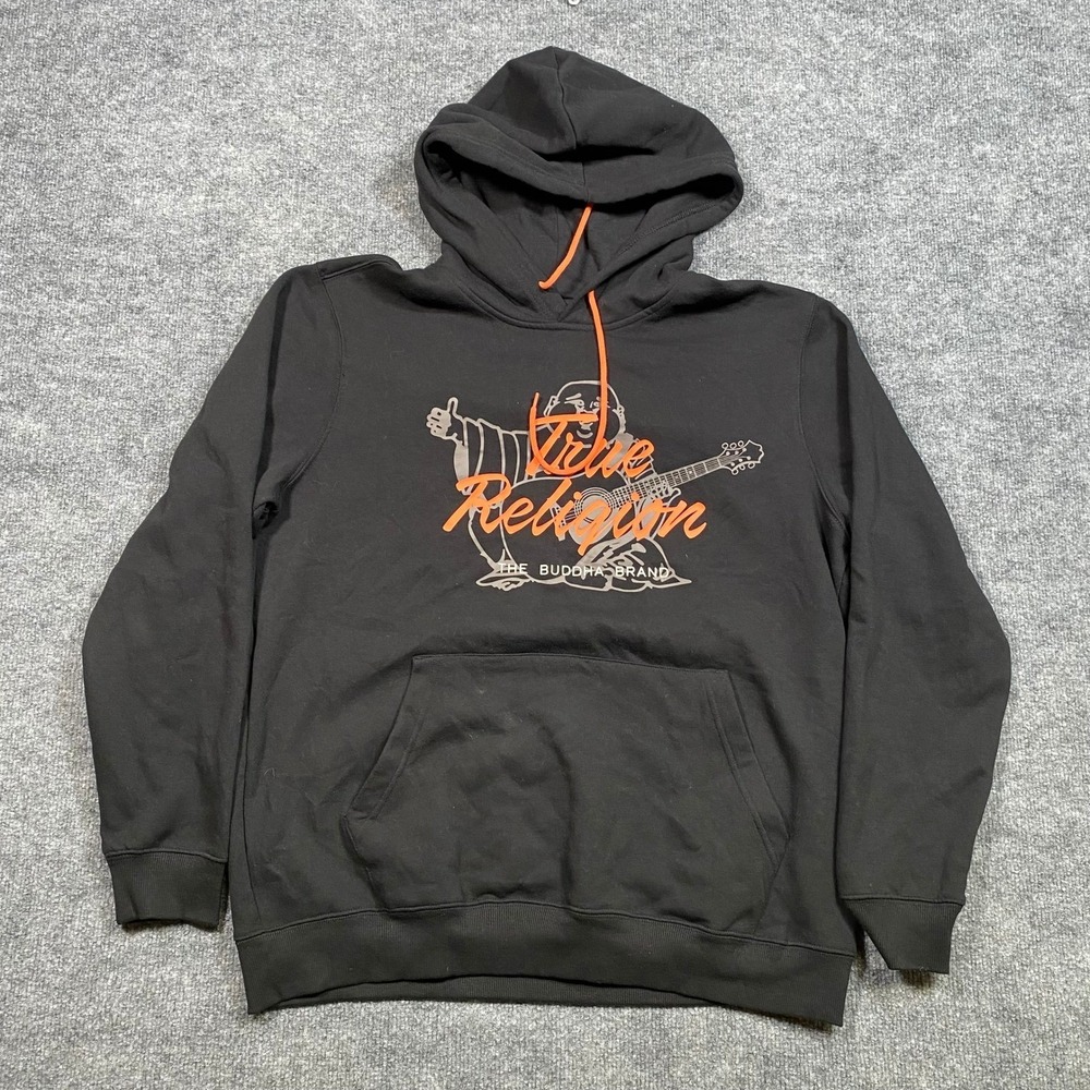 True Religion Mens Buddha Brand Logo Hoodie Black Orange Graphic XL Pullover